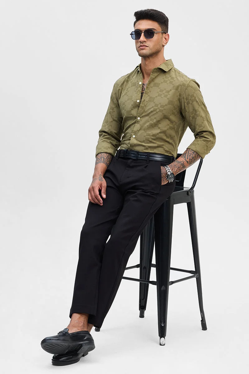 سنيتش Olive Geometric Long Sleeve Slim Fit Shirt
