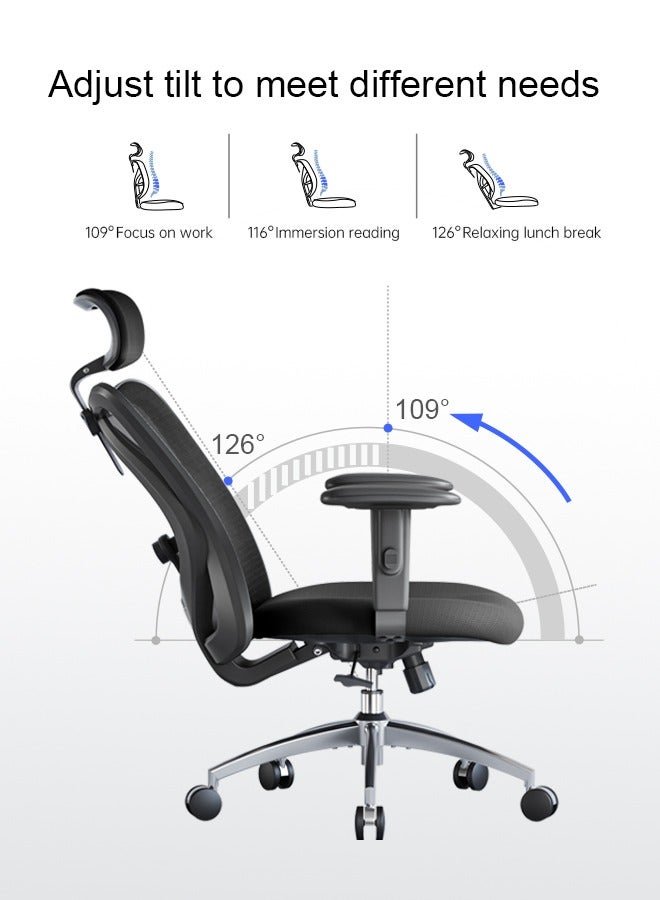 SIHOO M18 Ergonomic Office Chair, Big and Tall Office Chair, Adjustable Headrest with 2D Armrest, Lumbar Support and PU Wheels, Swivel Computer Task Chair for Office(Black) - Image 2