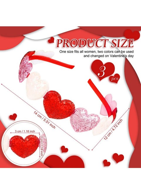 MTLEE 3pcs Valentines Day Headband Girls Heart Headbands Glitter Bling Headwear Toddler Sequin Hair Accessories Cute Headband Colorful Red Heart Hairband for Teens Baby Kids Women Holiday Supplies