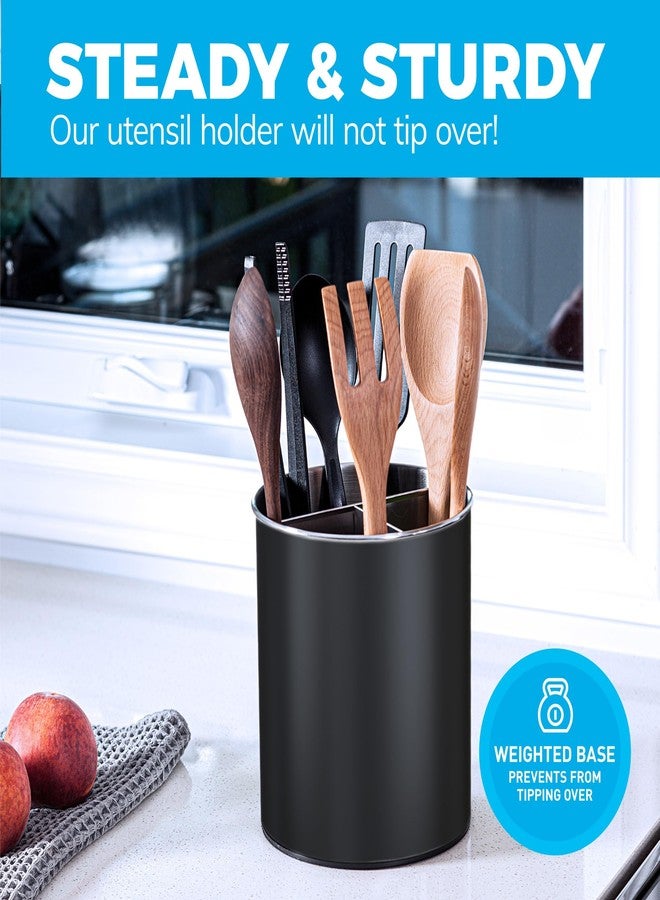 Cooler Kitchen Rotating Extra Large Stainless Steel Utensil Holder Caddy with Sturdy No-Tip Weighted Base, Removable Divider, and Gripped Insert Bottom -Dishwasher Safe Metal Cooking Utensil Holder (Black) - Image 4
