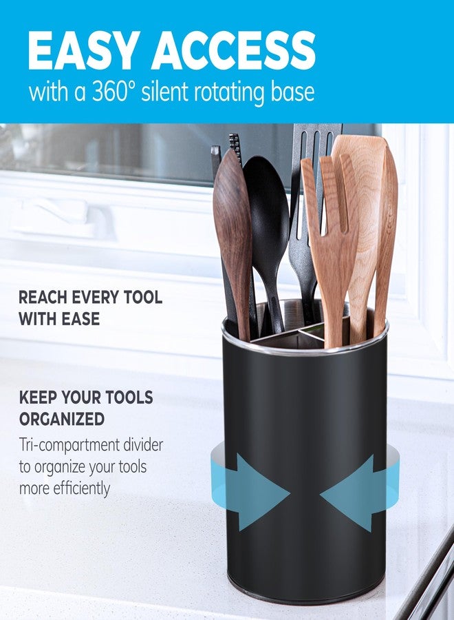 Cooler Kitchen Rotating Extra Large Stainless Steel Utensil Holder Caddy with Sturdy No-Tip Weighted Base, Removable Divider, and Gripped Insert Bottom -Dishwasher Safe Metal Cooking Utensil Holder (Black) - Image 2