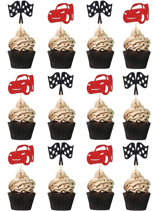 Suny Smiling 24Pcs Cars Cupcake Toppers, Racing Theme Car & Checkered Flag Cupcake Decor, Birthday Party Dessert Picks for Race Themed Party Decorations - Image 1
