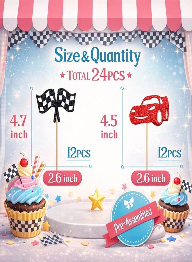 Suny Smiling 24Pcs Cars Cupcake Toppers, Racing Theme Car & Checkered Flag Cupcake Decor, Birthday Party Dessert Picks for Race Themed Party Decorations - Image 2