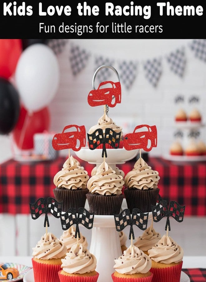 Suny Smiling 24Pcs Cars Cupcake Toppers, Racing Theme Car & Checkered Flag Cupcake Decor, Birthday Party Dessert Picks for Race Themed Party Decorations - Image 4