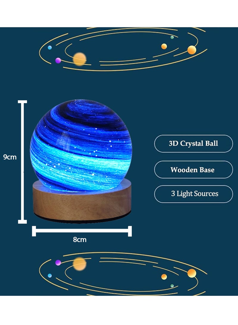 GRKC 3D Planet Lamp Galaxy Night Light, Creative Bedside Decorative Light, Wandering Star Atmosphere Lamp, Birthday Gift for Girls, USB Powered, Wooden Base, 8cm - Image 2