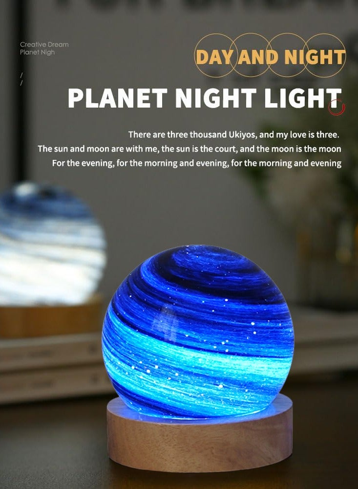 GRKC 3D Planet Lamp Galaxy Night Light, Creative Bedside Decorative Light, Wandering Star Atmosphere Lamp, Birthday Gift for Girls, USB Powered, Wooden Base, 8cm - Image 3