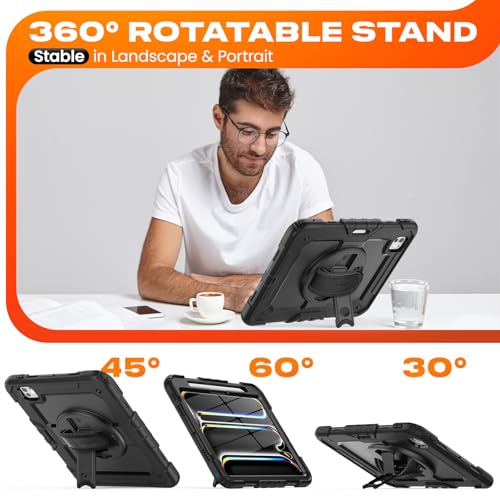 SEYMAC stock for iPad Pro 11 inch Protective Case M5 2025/M4 2024, Heavy Duty Case with Screen Protector, Pencil Holder, Rotating Stand, Hand Strap, Shoulder Strap, Black - Image 4