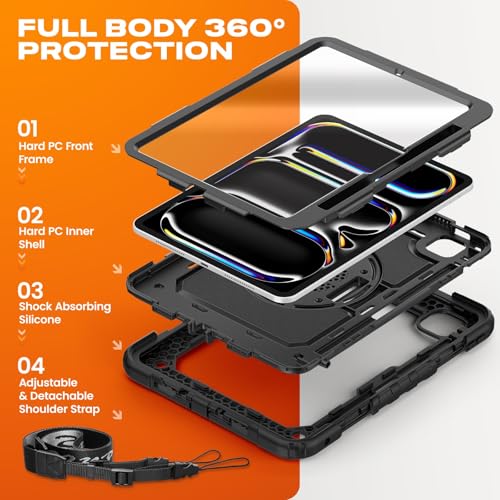 SEYMAC stock for iPad Pro 11 inch Protective Case M5 2025/M4 2024, Heavy Duty Case with Screen Protector, Pencil Holder, Rotating Stand, Hand Strap, Shoulder Strap, Black - Image 5