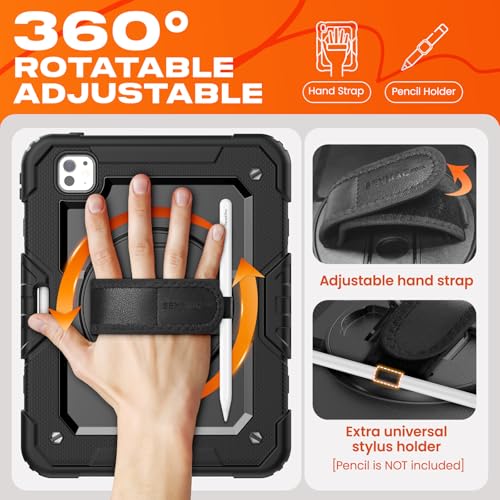 SEYMAC stock for iPad Pro 11 inch Protective Case M5 2025/M4 2024, Heavy Duty Case with Screen Protector, Pencil Holder, Rotating Stand, Hand Strap, Shoulder Strap, Black - Image 3