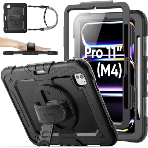 SEYMAC stock for iPad Pro 11 inch Protective Case M5 2025/M4 2024, Heavy Duty Case with Screen Protector, Pencil Holder, Rotating Stand, Hand Strap, Shoulder Strap, Black - Image 1