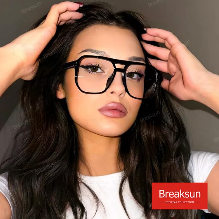 Breaksun Retro Oversized Square Glasses for Women Men Big Square Aviator Blue Light Eyeglasses (Bright Black) - Image 2