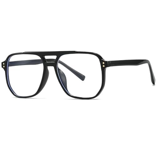 Breaksun Retro Oversized Square Glasses for Women Men Big Square Aviator Blue Light Eyeglasses (Bright Black) - Image 1