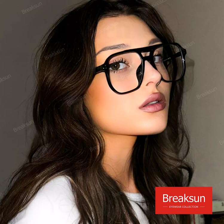 Breaksun Retro Oversized Square Glasses for Women Men Big Square Aviator Blue Light Eyeglasses (Bright Black) - Image 4