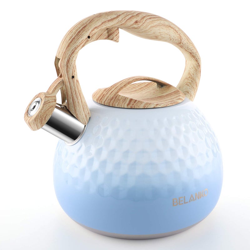BELANKO 27 Quart Tea Kettle for Stovetop  Food Grade Stainless Steel with Diamond Texture Designer Teapot Look CoolTouch Wood Pattern Handle Whistling Spout  Gradient Blue