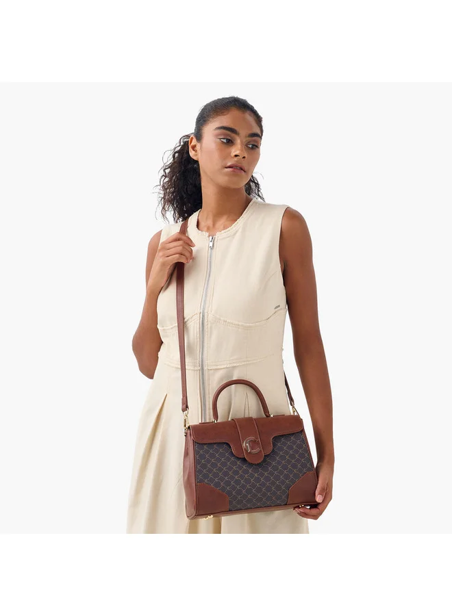 Le Confort Women Monogram Print Satchel Bag with Grab Handle and Button Closure