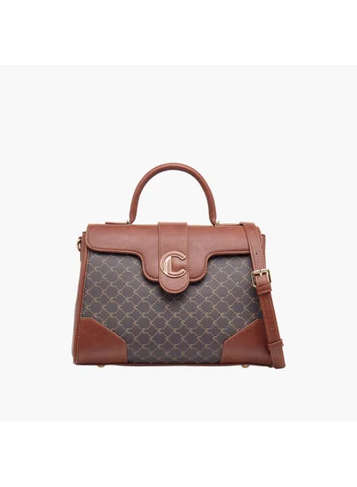 Le Confort Women Monogram Print Satchel Bag with Grab Handle and Button Closure