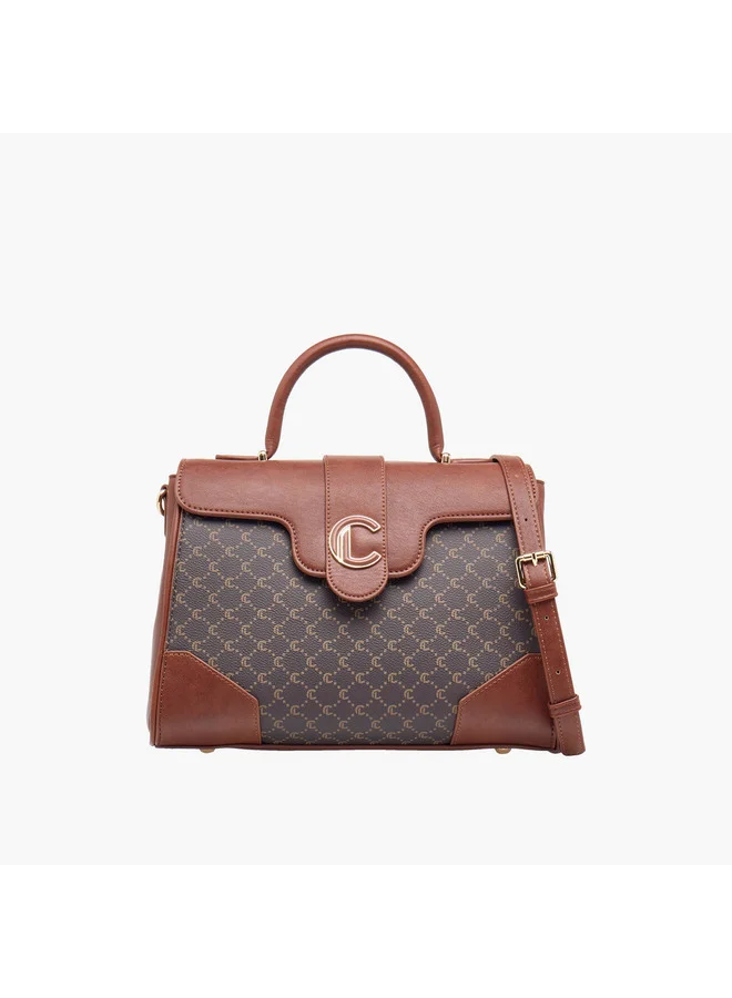 Le Confort Women Monogram Print Satchel Bag with Grab Handle and Button Closure