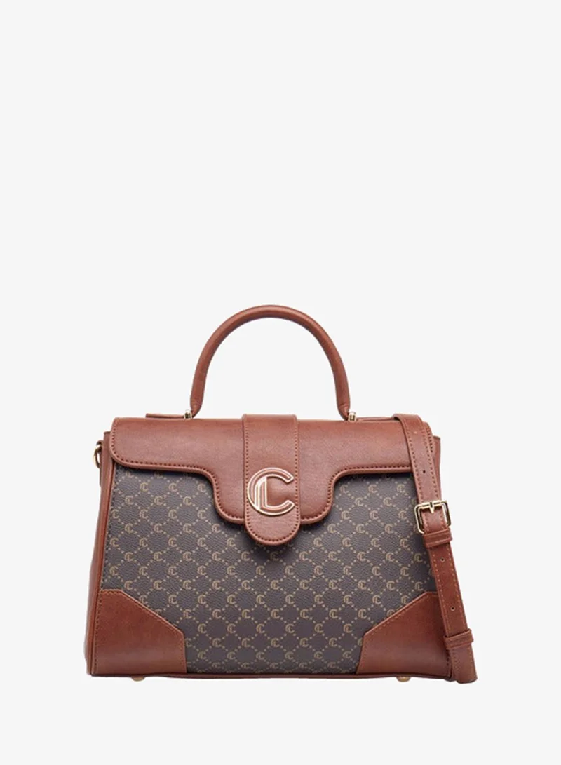 Le Confort Women Monogram Print Satchel Bag with Grab Handle and Button Closure