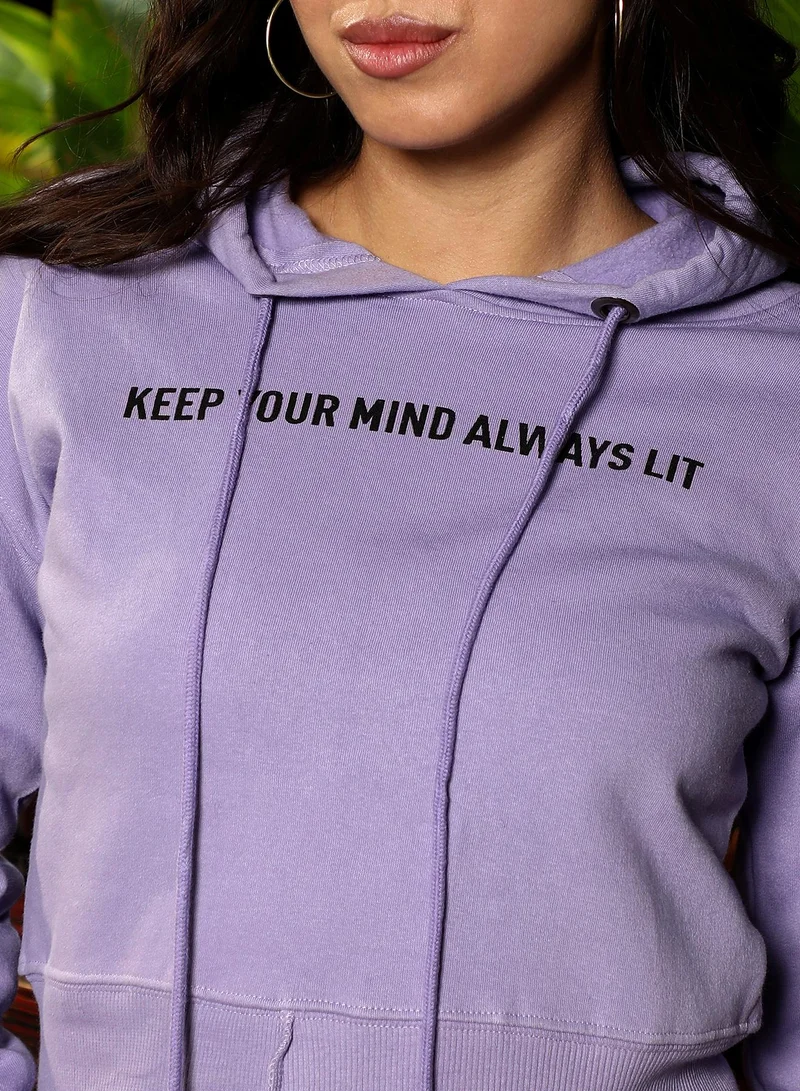 PINACOLADA  Women's Keep-Your-Mind Print Crop Hoodie | Hooded Neck , Long Ribbed-Cuff Sleeves, Pull On Closure | Typographic Print Fleece Knitted Shirt For Casual & Daily Wear | Lavender for Women | Best Price UAE