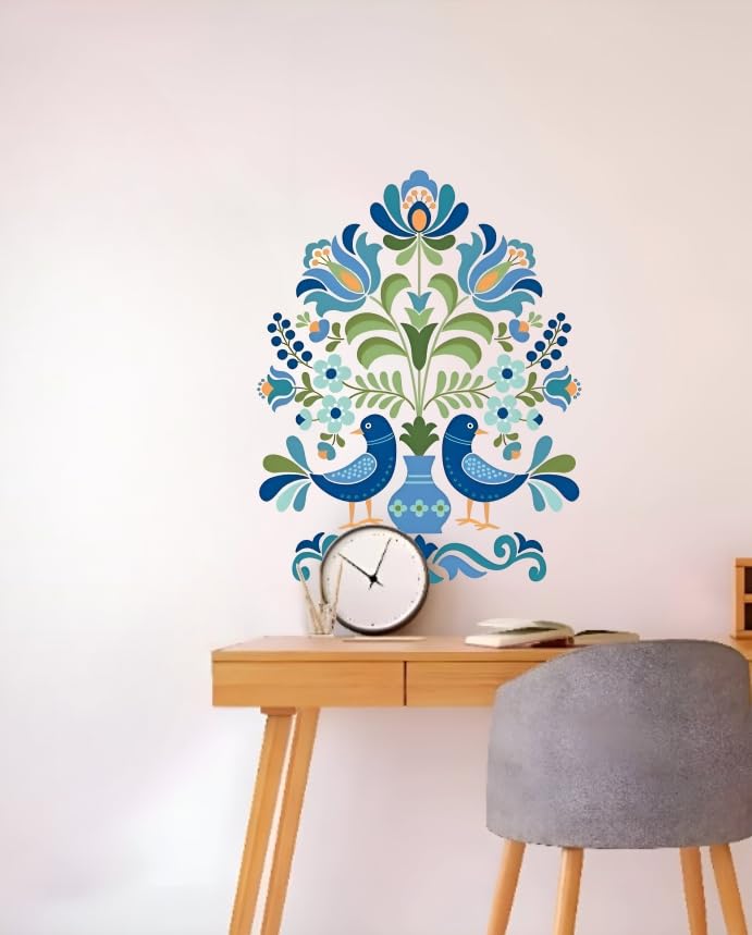 Monk Wish Folk Art Wall Decal, Blue Birds and Floral Design, 60 x 48 cm, Decorative Vinyl Wall Sticker - Image 4