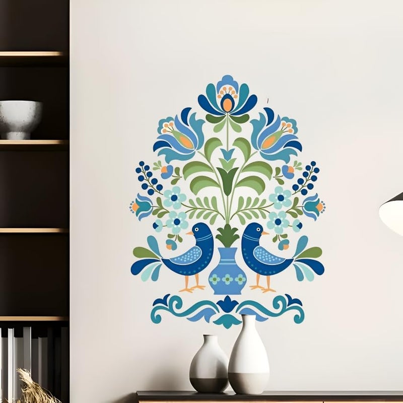 Monk Wish Folk Art Wall Decal, Blue Birds and Floral Design, 60 x 48 cm, Decorative Vinyl Wall Sticker - Image 3