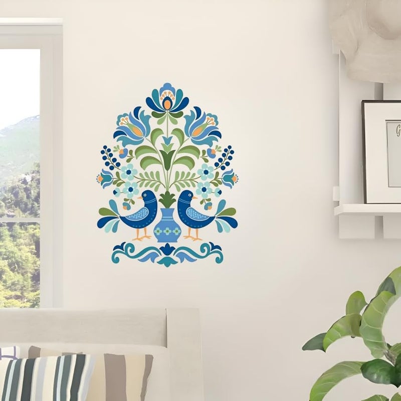 Monk Wish Folk Art Wall Decal, Blue Birds and Floral Design, 60 x 48 cm, Decorative Vinyl Wall Sticker - Image 5