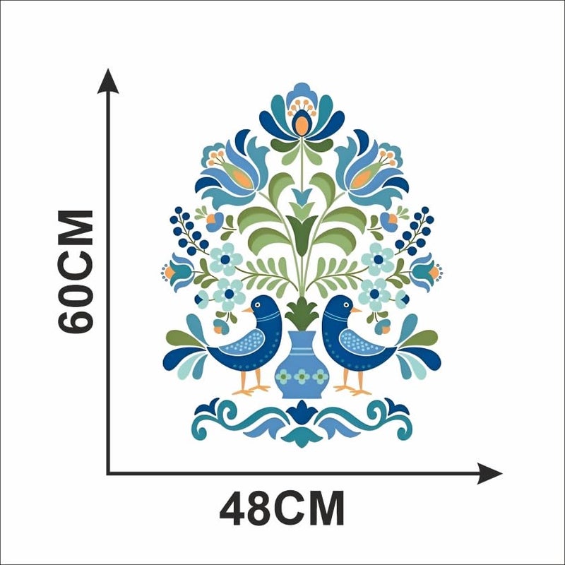 Monk Wish Folk Art Wall Decal, Blue Birds and Floral Design, 60 x 48 cm, Decorative Vinyl Wall Sticker - Image 2