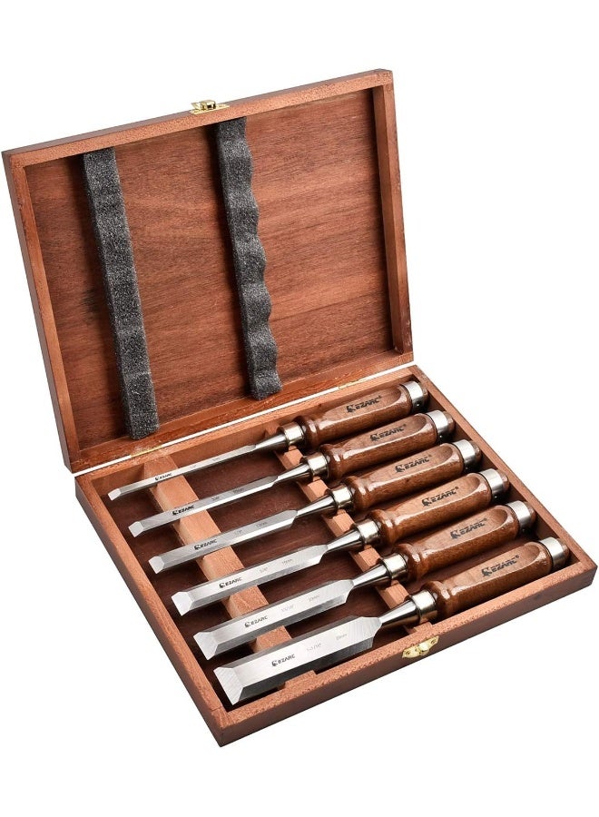 EZARC Wood Chisel Tool Sets, 6 Pieces Chrome Vanadium and Hard Ashtree Handle Woodworking Chisel Kit with Premium Wooden Case for Carpentry Craftsman  - Image 1
