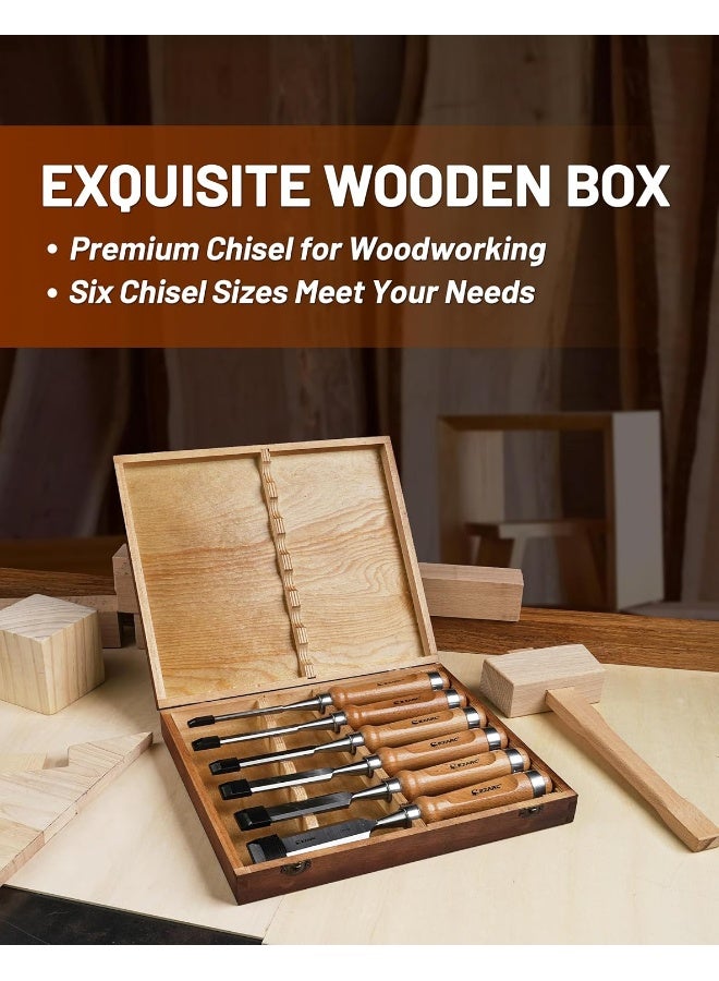 EZARC Wood Chisel Tool Sets, 6 Pieces Chrome Vanadium and Hard Ashtree Handle Woodworking Chisel Kit with Premium Wooden Case for Carpentry Craftsman  - Image 3