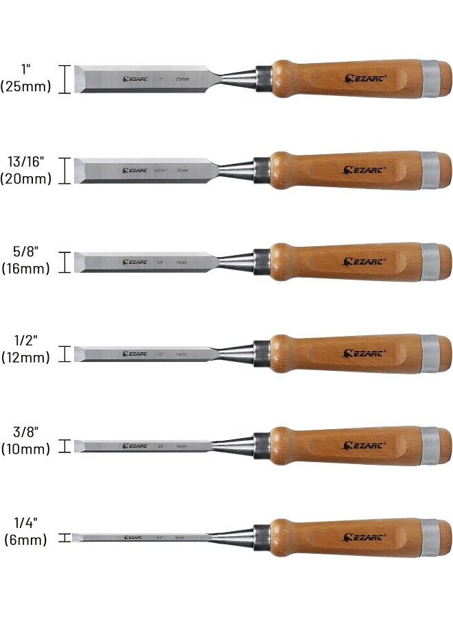 EZARC Wood Chisel Tool Sets, 6 Pieces Chrome Vanadium and Hard Ashtree Handle Woodworking Chisel Kit with Premium Wooden Case for Carpentry Craftsman  - Image 4