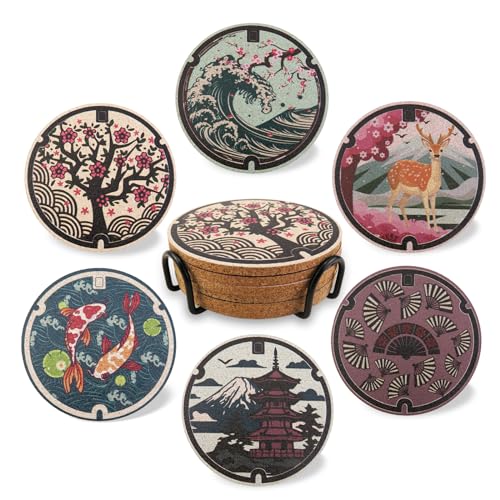 Laisgee Japanese Coasters Japan Manhole Design Coasters for Drinks Cherry Blossom Koi Pagoda Deer Cork Coasters for Coffee Table Housewarming Birthday Gifts Set of 6 - Image 1