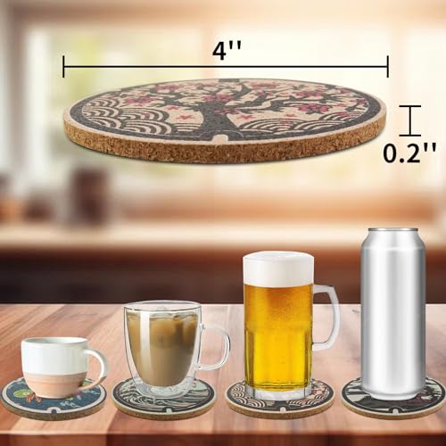 Laisgee Japanese Coasters Japan Manhole Design Coasters for Drinks Cherry Blossom Koi Pagoda Deer Cork Coasters for Coffee Table Housewarming Birthday Gifts Set of 6 - Image 2