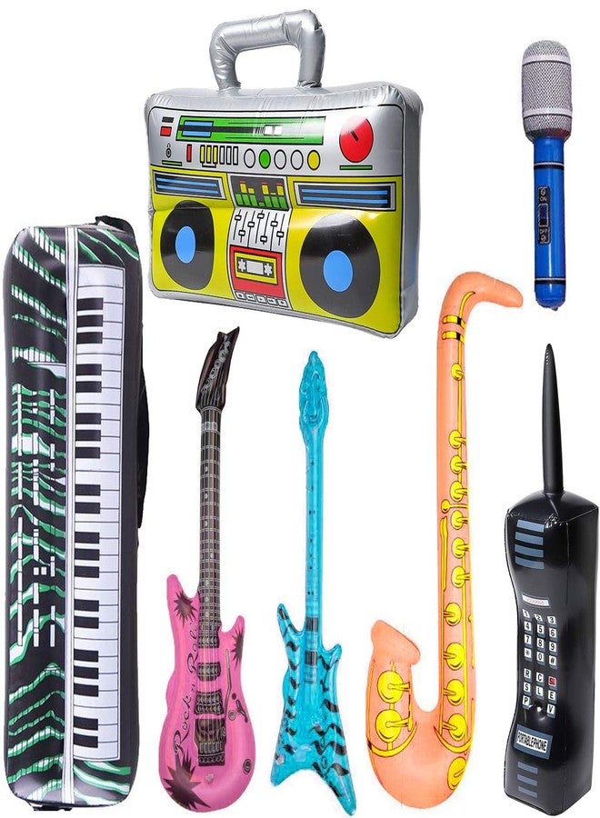 WedFeir Inflatable Rock Star Toy Set, 7 Pack Inflatable Boom Box Mobile Phone Guitar Bass Party Props for 80's 90's Party Decorations, Rock and Roll Party Favors Supplies, Christmas Birthday Party Gifts. - Image 1