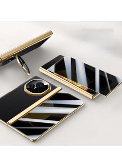 Compatible with Honor Magic V3 Electroplated Frame Magnetic Hinge Protection Grain Leather Case with Lens Holder Privacy Screen Protector For Magic V3