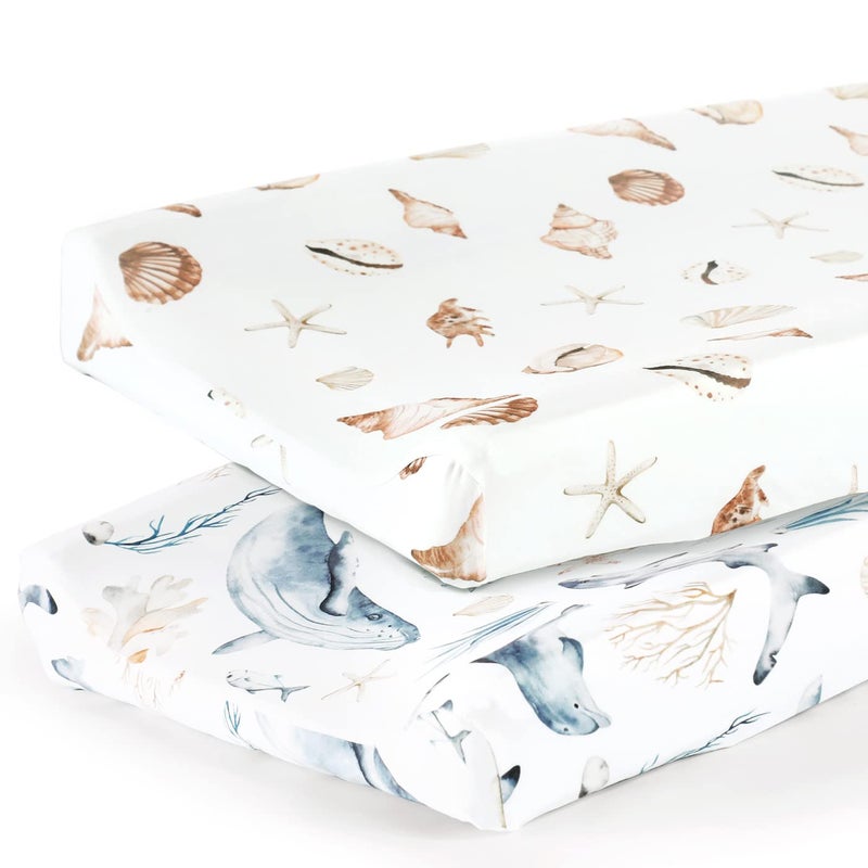 GRSSDER Stretch Ultra Soft Jersey Knit Changing Pad Cover Set 2 PackChange Table Pad Covers Fit 3234 x 16 Pads Safe and SnugStylish Cute Whale Sea Worl for Baby