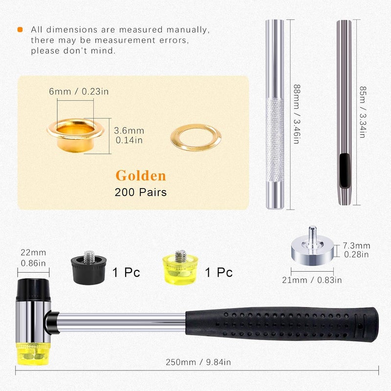 Rustark 200 Sets 1/4 Inch Gold Grommet Assortment Kit with 4 Pcs Setting Install Tool, 6mm Metal Eyelets Set in Storage Box for Clothes Shoes Bag Paper Leather Crafts DIY Projects (Gold) - Image 2