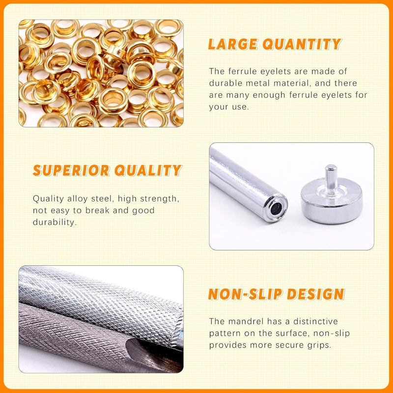 Rustark 200 Sets 1/4 Inch Gold Grommet Assortment Kit with 4 Pcs Setting Install Tool, 6mm Metal Eyelets Set in Storage Box for Clothes Shoes Bag Paper Leather Crafts DIY Projects (Gold) - Image 3