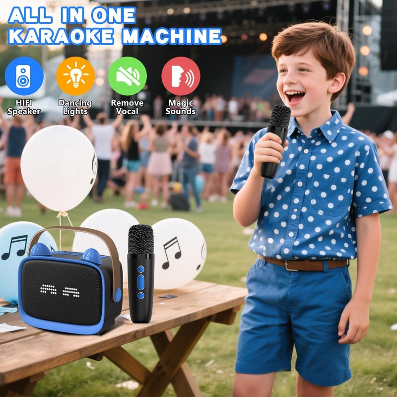 Mgaolo Upgraded Mini Karaoke Machine Toy for Kids, Portable Bluetooth Speaker with 2 Wireless Mics, Emoji & Colorful LED Lights, Home Travel & Party Play Gifts for Boys Girls (Blue) - Image 2