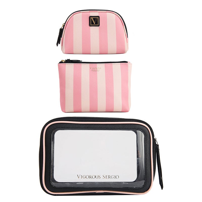 New PU Waterproof Striped Vanity Tote SetThree-piece set-V-shaped mother powder coarse stripes Three-piece set-V-shaped mother powder coarse stripes