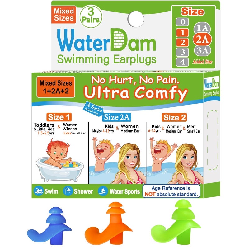 WaterDam ASeries Swimming Ear Plugs Ultra Comfy Great Waterproof Earplugs Size 12A2 Kids Teens Small Medium Ear Women Blue Orange Green Mixed Sizes - Image 2