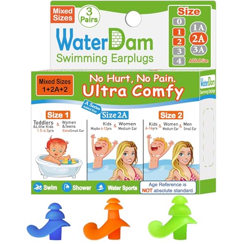 WaterDam ASeries Swimming Ear Plugs Ultra Comfy Great Waterproof Earplugs Size 12A2 Kids Teens Small Medium Ear Women Blue Orange Green Mixed Sizes - Image 1