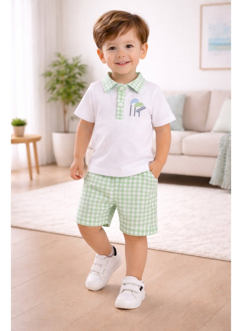 Smarties AE Toddler Boys 2-Piece Summer Outfit Set (18 Months–4 Years) – Cotton Polo Shirt with Embroidered Golf Design & Gingham Shorts – Casual Clothing Set - Image 1