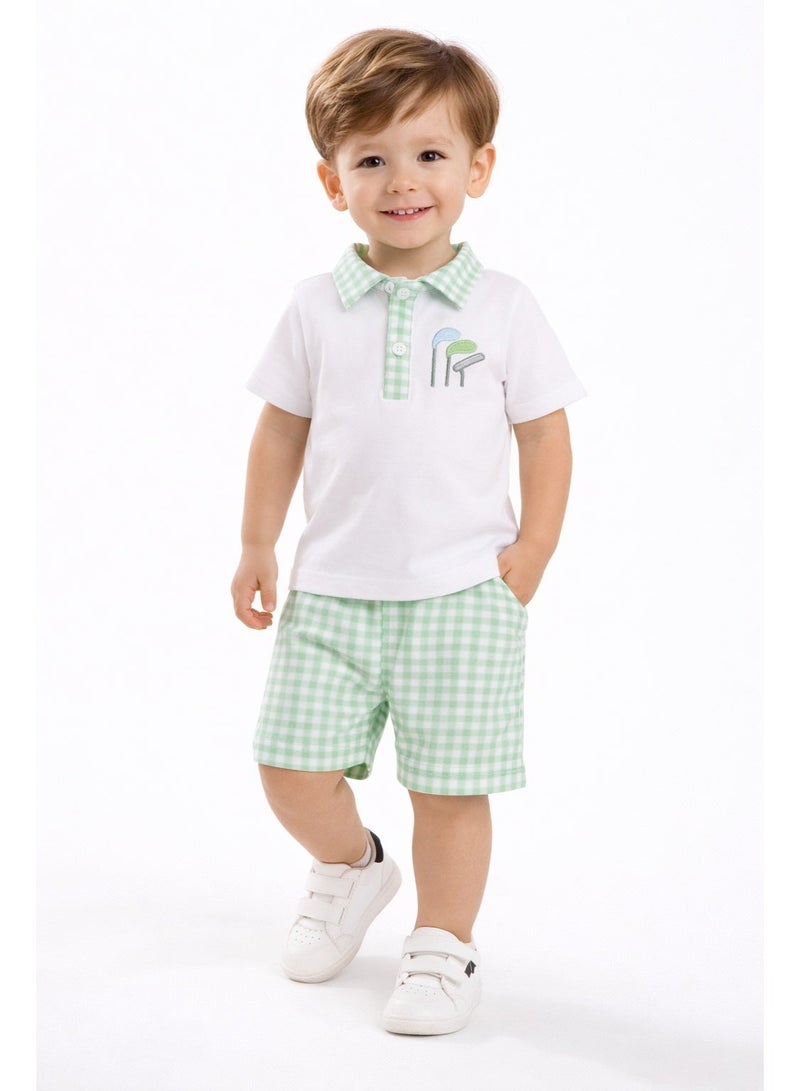 Smarties AE Toddler Boys 2-Piece Summer Outfit Set (18 Months–4 Years) – Cotton Polo Shirt with Embroidered Golf Design & Gingham Shorts – Casual Clothing Set - Image 2