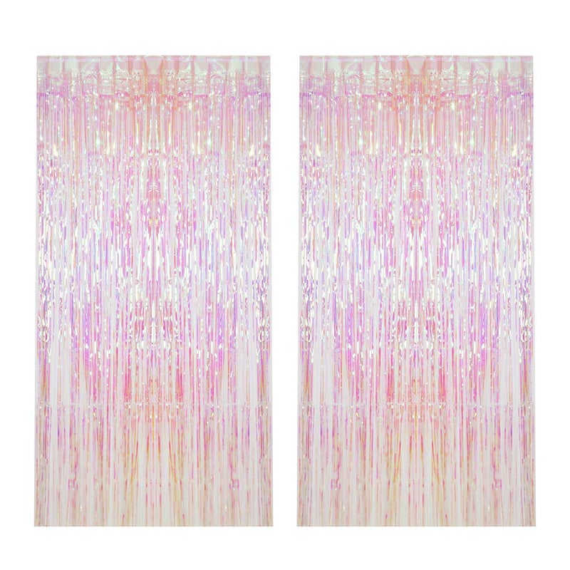 CCINEE 2pcs Metallic Foil Fringe Curtain Transparent Pink Backdrop Decorative Door Window Curtain for Birthday Party Baby Shower Wedding Decoration - Image 1