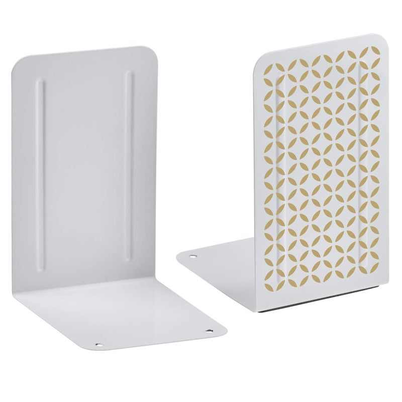 Acrimet Metal Bookends NonSkid Book Stand for Shelves Heavy Duty Book Stopper 678 H x 4 W x 412 D White Bookend with Gold Design 1 Pair
