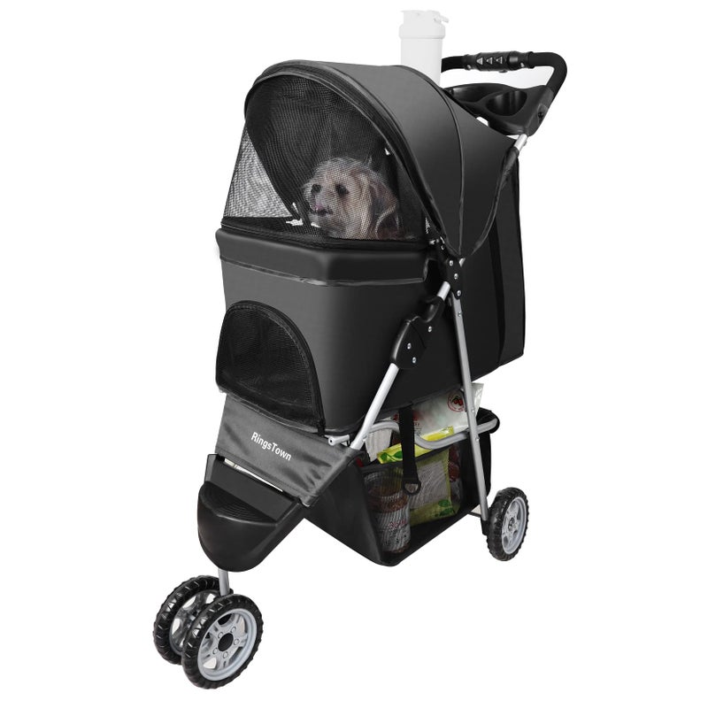 Pet Strollers for Small Medium Dogs Cats 3Wheel Dog Stroller Folding Flexible Easy to Carry for Jogger Jogging Walking Travel with Sun Shade Cup Holder Mesh Window Black