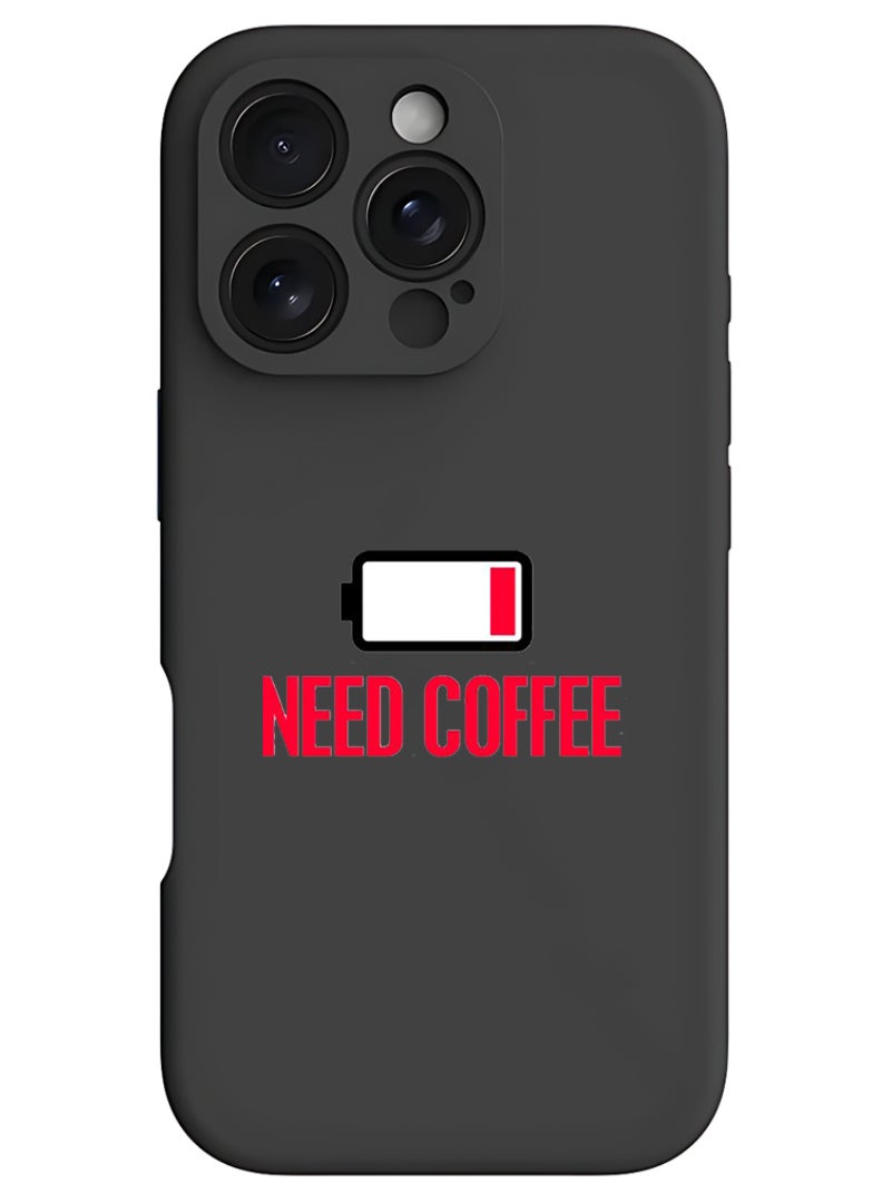 Theodor iPhone 16 Pro Black Protective Slim Fit Case Liquid Silicone Cover with Full Body Protection Anti-Scratch Shockproof Case For iPhone - Need Coffee - Image 1