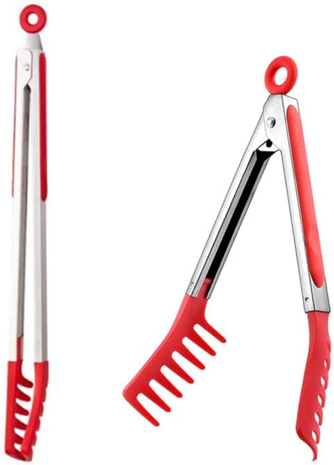 Jilukibo Red Stainless Steel Pasta Tong Large 13 Stainless Steel Spaghetti Tongs Comfortable Grip Design Pasta Server Utensil for Noodles Kitchen Cooking Baking Tools  - Image 3