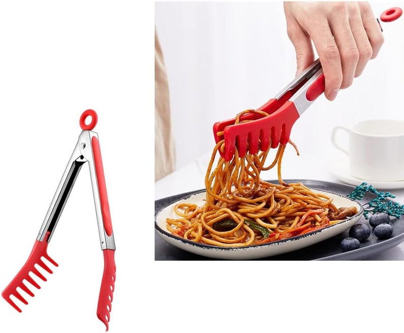 Jilukibo Red Stainless Steel Pasta Tong Large 13 Stainless Steel Spaghetti Tongs Comfortable Grip Design Pasta Server Utensil for Noodles Kitchen Cooking Baking Tools  - Image 5
