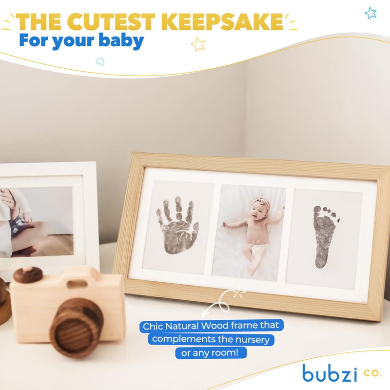 Bubzi Co مجموعة بصمة يد وقدم بيبي من بوبزي كو وإطار صور للأطفال حديثي الولادة، هدايا فريدة لحفلات استقبال المواليد، تذكارات مميزة لتزيين جدران الغرفة أو ديكور الحضانة (خشب طبيعي) - Image 5